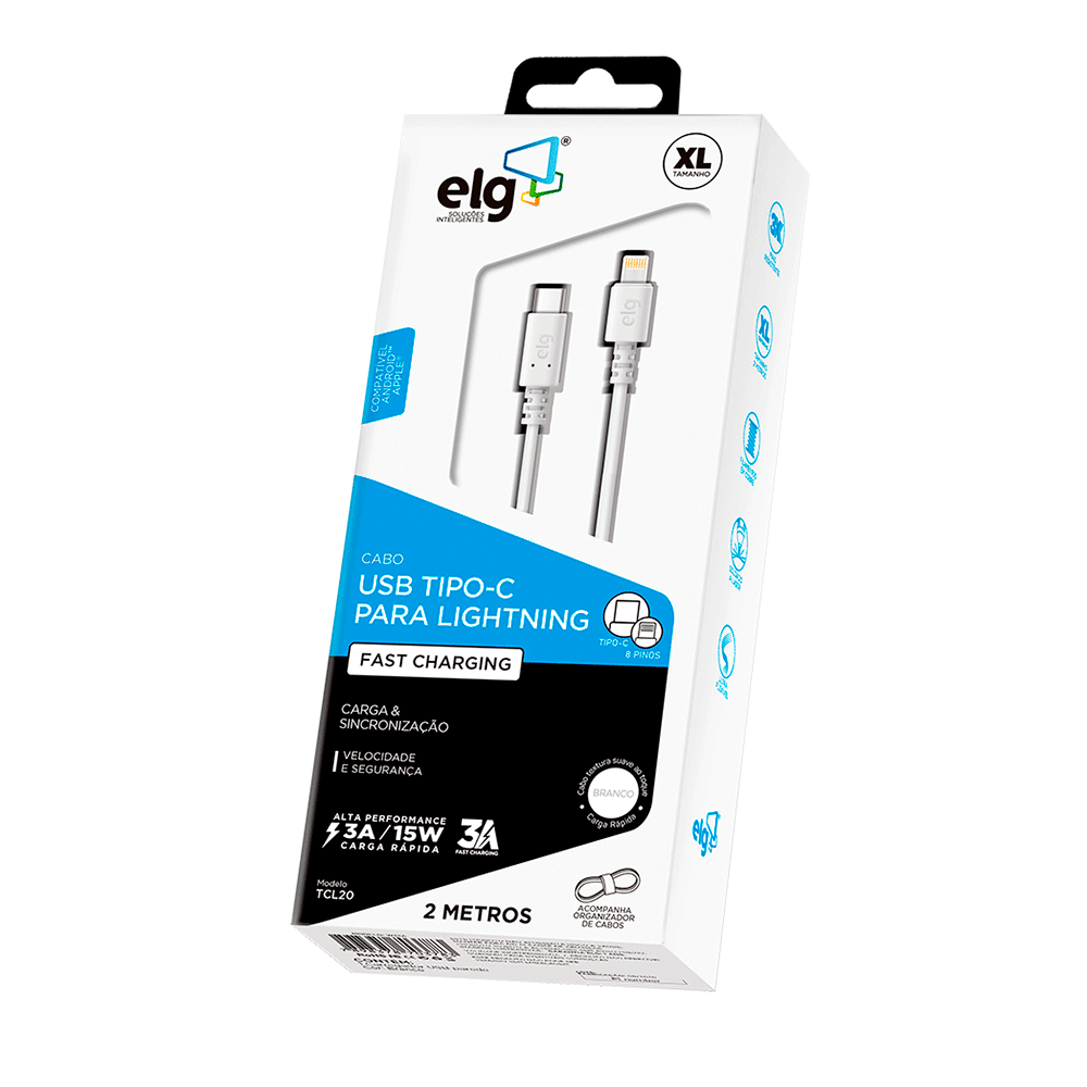 Cabo ELG USB Tipo C para Lightning 3A 15W - Carga rápida - 2 Metros - TCL20 | Branco
