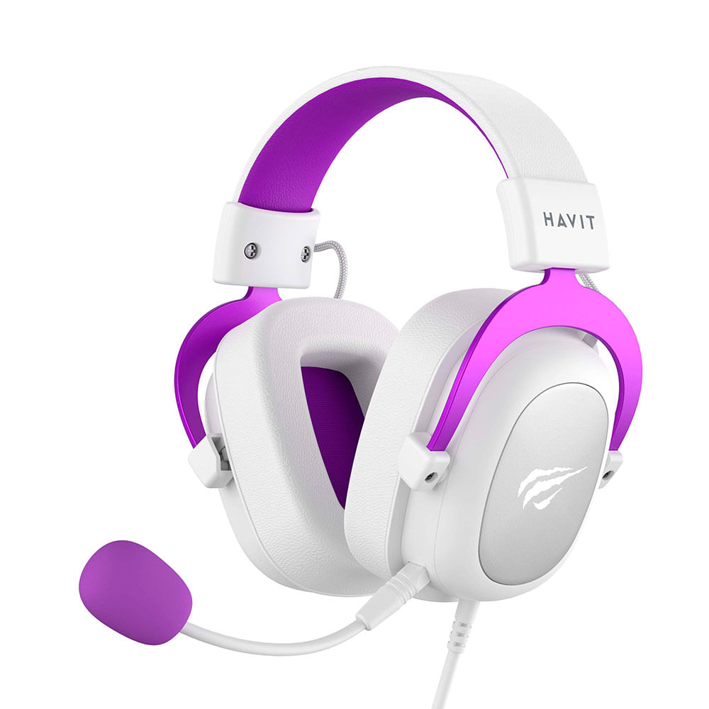 Headset Gamer HAVIT H2002D, Microfone destacável, Cancelamento de Ruído | Branco / Roxo