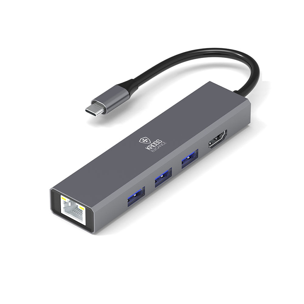 Adaptador Kross 6 em 1 Tipo C para RJ45, HDMI, PD, 3x USB 3.0 - KE-UCT618