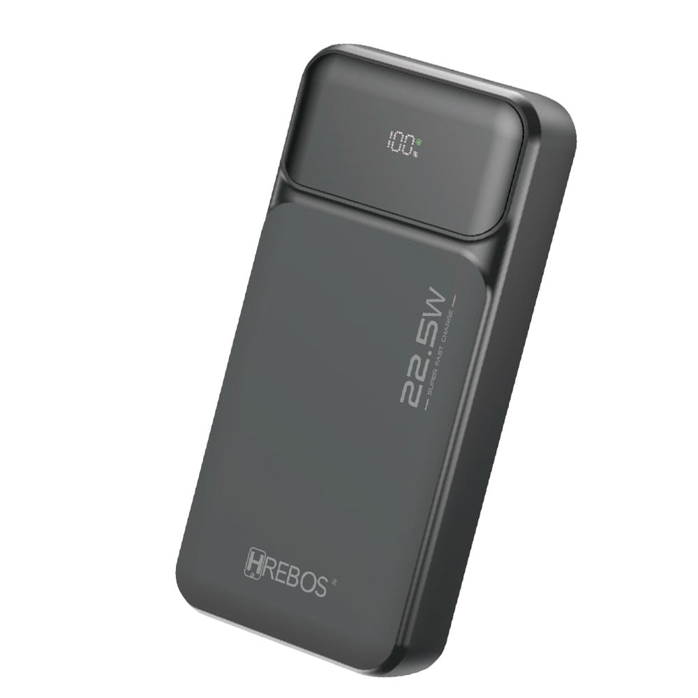 Carregador portátil HREBOS PB-204, potência de saída de 22.5W e 20.000mAh de capacidade, com cabos USB-C e Lightning integrados e entrada | Preto