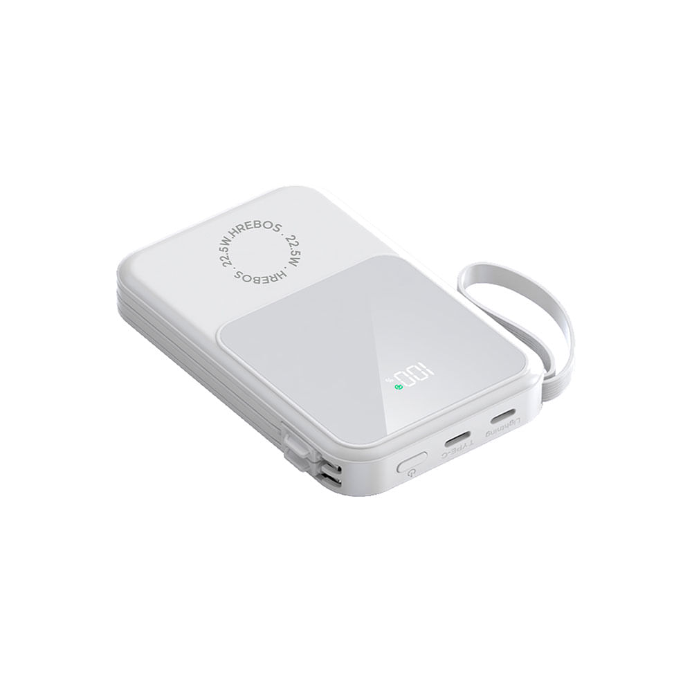Carregador portátil HREBOS PB-959, com cabos USB-C e Lightning integrados | Branco