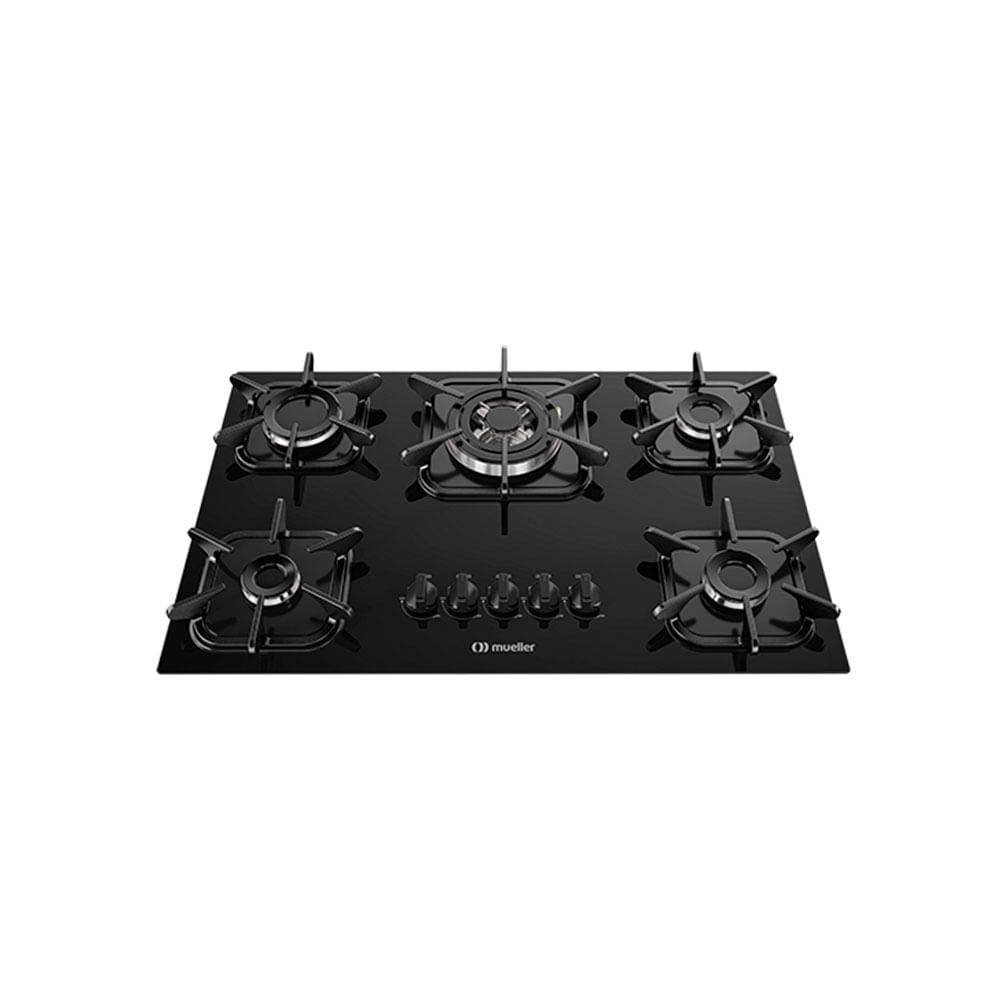 Cooktop Mueller 5 Bocas Tripla Chama Iron com Grades em Ferro Fundido e Bivolt | Preto / Branco