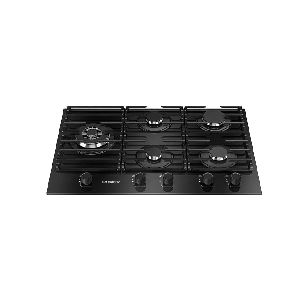 Cooktop a Gás Mueller 5 Bocas com Mesa de Vidro, Grades em Ferro Fundido e Tripla Chama - MCG5BM | Preto